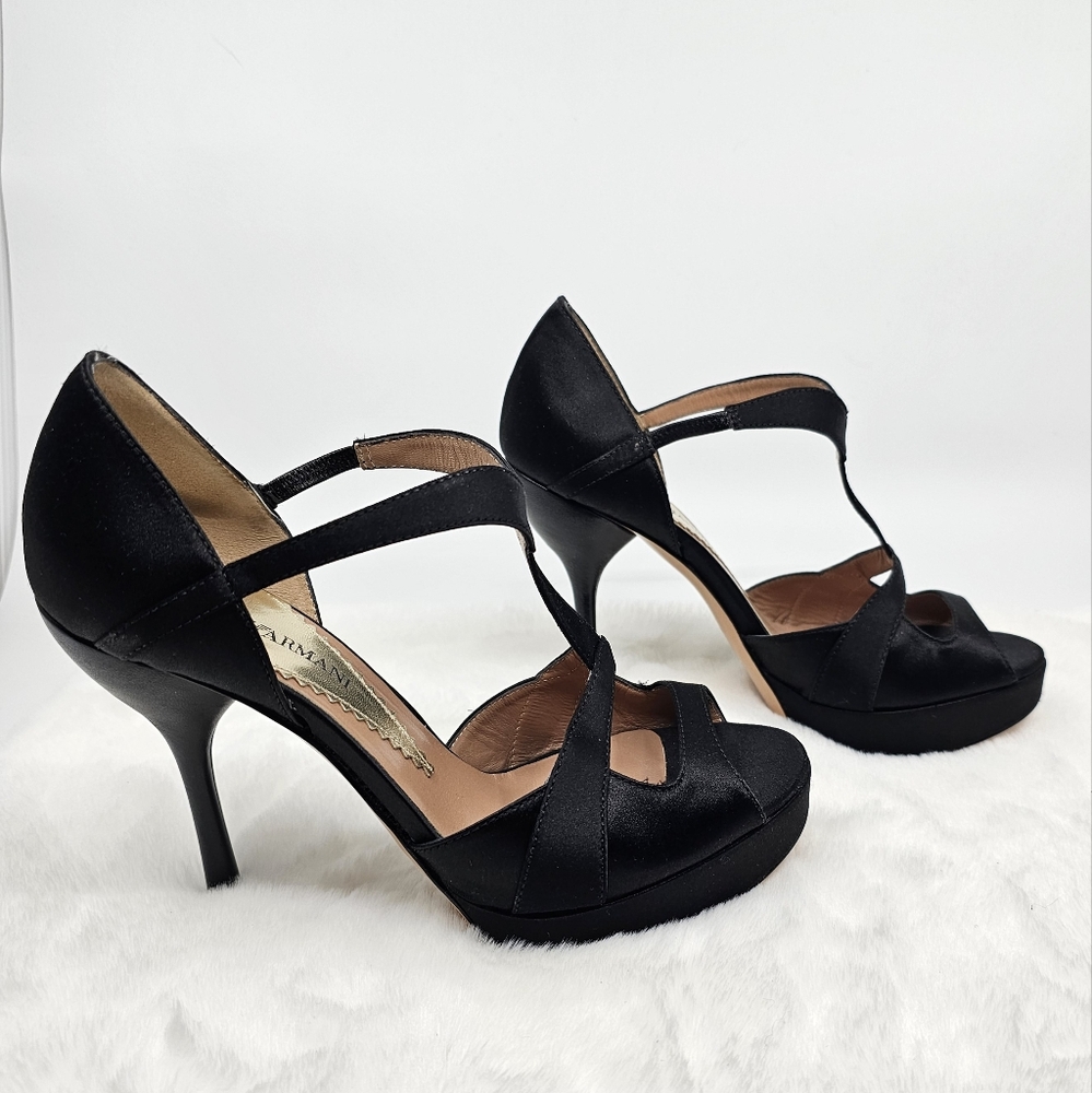 Emporio Armani black evening satin peep toe strappy slip on high heels 5.5 - Picture 2 of 12